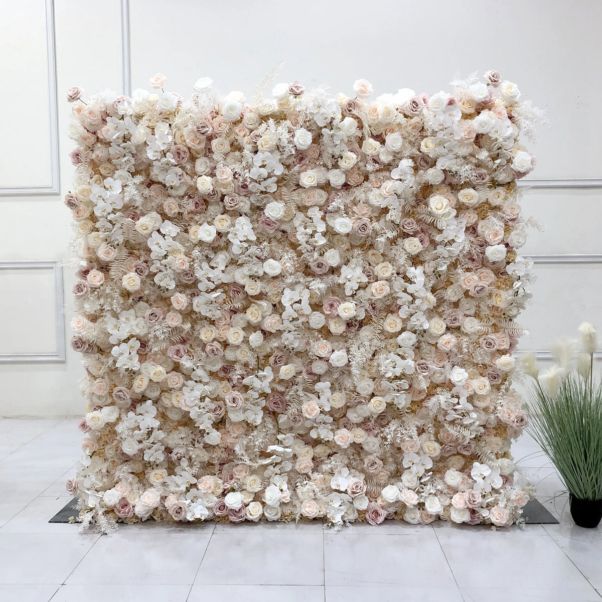 8ft by 8ft champagne and Nude Color Artificial Flower Backdrop Wall for Party and Ceremony Occasion Decoration