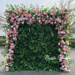 L-R447 Wholesale Custom Fabric Flower Wall Pink Wedding Supplies Decoration Rose Backdrop Silk Artificial Decorative Flower Wall - 8ft*8ft, 10ft*10ft, Customized / FW555-2