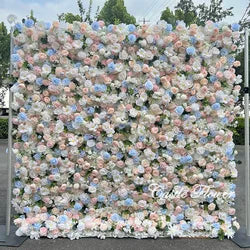L-R266 Custom 5d Fabric Flower Wall Blue Wedding Supplies Decoration Rose Backdrop Silk Artificial Decorative Flower Wall - 8ft*8ft, 10ft*10ft, Customized / FW653