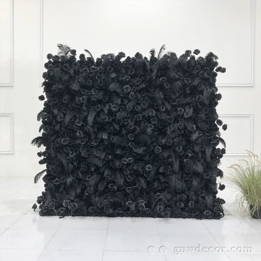 GNW OEM Custom Color Size Realistic Artificial Wedding Black Rose Feather Decorative Flower Wall Backdrops for Back to School