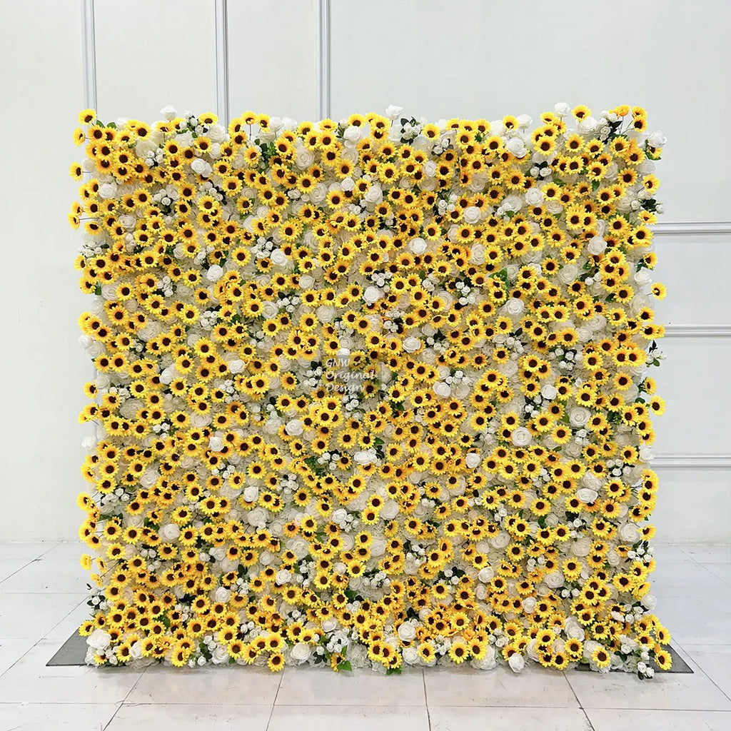 GNW Factory 8*8ft Roll up Shape Retaining Yellow Rose Artificial Flower Wall for Wedding Event Party Backdrop Decor