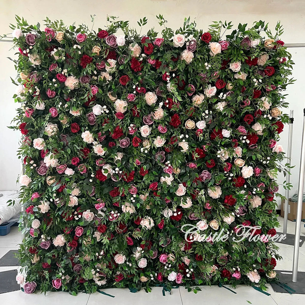 L-R272 High Quality Silk Artificial Red Rose Flower Wall Floral Backdrop 8x8 ft Customized Size Wedding Party Decoration