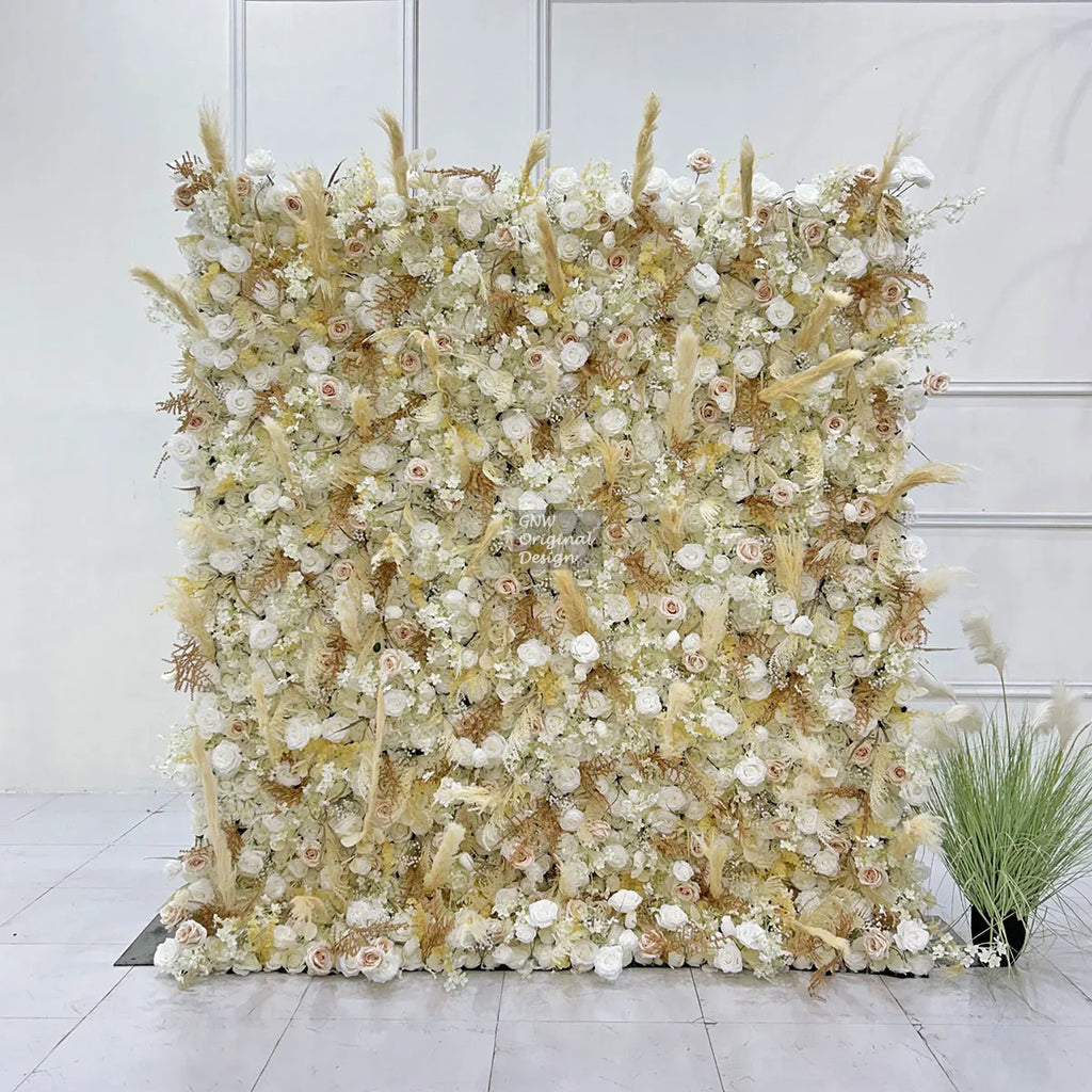 GNW Factory 8*8ft Roll up Shape Retaining Yellow Rose Artificial Flower Wall for Wedding Event Party Backdrop Decor