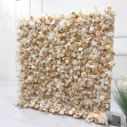 8ft by 8ft champagne and Nude Color Artificial Flower Backdrop Wall for Party and Ceremony Occasion Decoration
