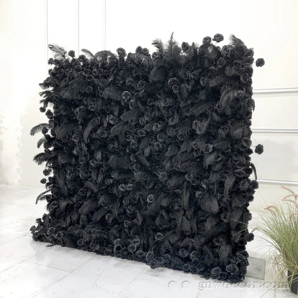 GNW OEM Custom Color Size Realistic Artificial Wedding Black Rose Feather Decorative Flower Wall Backdrops for Back to School