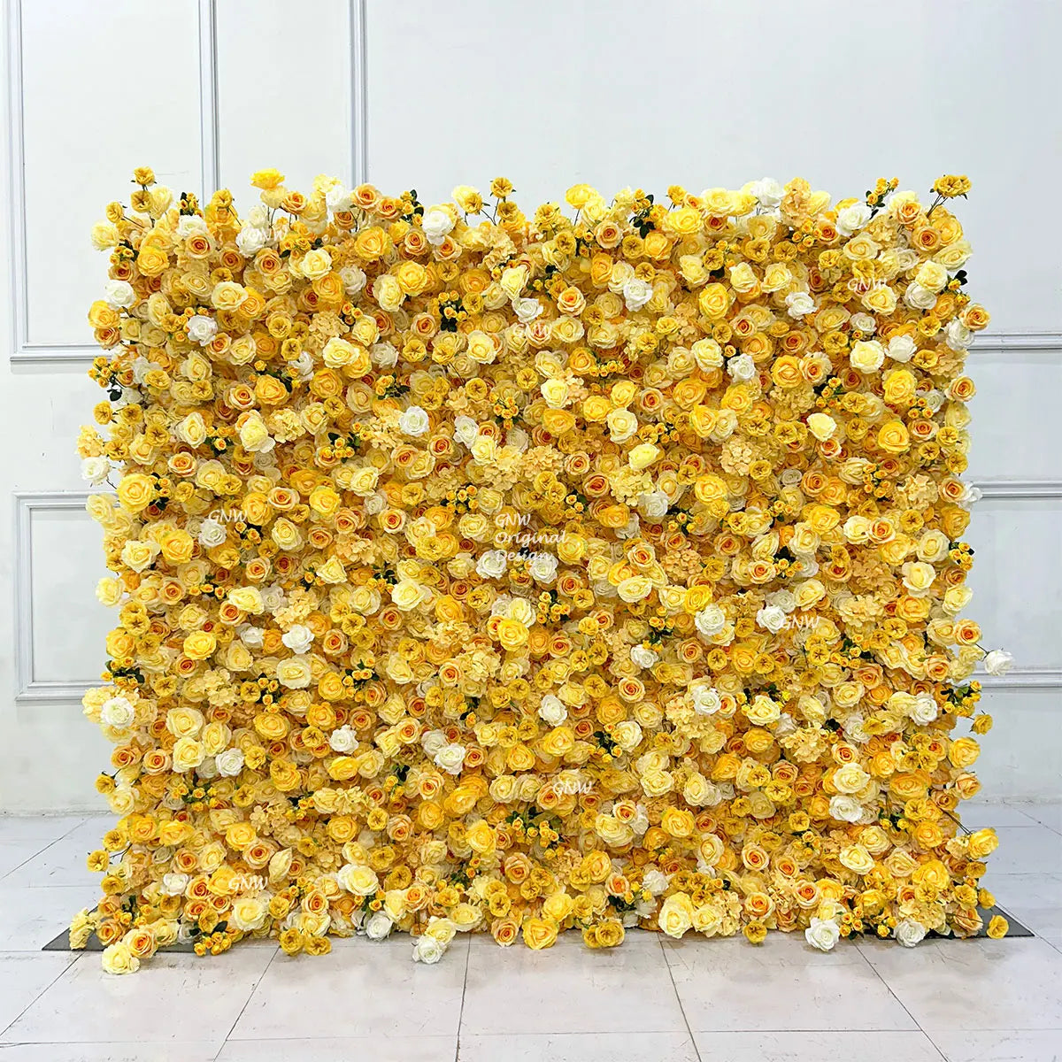 GNW Factory 8*8ft Roll up Shape Retaining Yellow Rose Artificial Flower Wall for Wedding Event Party Backdrop Decor
