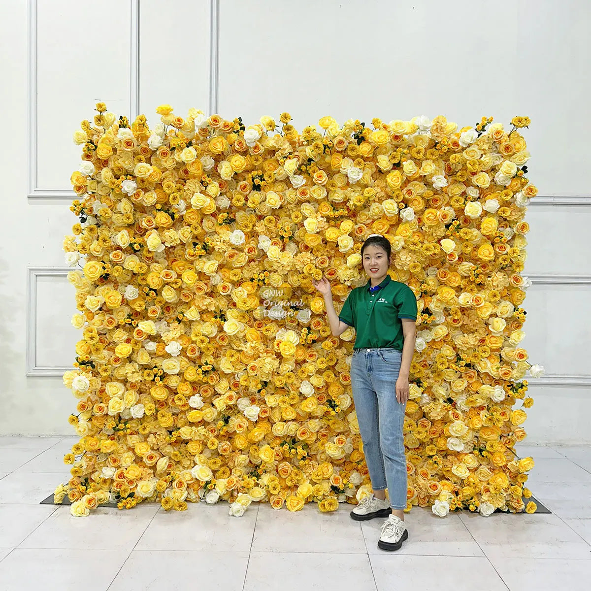 GNW Factory 8*8ft Roll up Shape Retaining Yellow Rose Artificial Flower Wall for Wedding Event Party Backdrop Decor